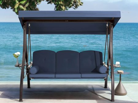 3-Seat Outdoor Porch Swing with Cup Holders, Adjustable Canopy and Backrest for Patio Garden Deck, Blue Sale