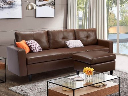 Faux Leather Sectional Sofa Convertible Couch Brown Leather L-Shape Couch for Small Space Apartment on Sale