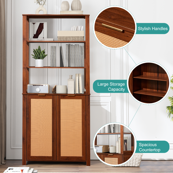 HOMREST Rattan Bookcase with cabinet, Heavy Duty Freestanding Bookcase With Storage Open Display, Walnut Brown Online