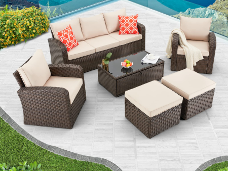 Homrest 6 Pcs Patio Furniture Sets with Coffee Table, Ottomans, Cushions & Pillows, Khaki Online