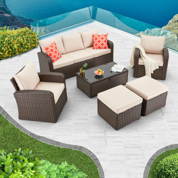 Homrest 6 Pcs Patio Furniture Sets with Coffee Table, Ottomans, Cushions & Pillows, Khaki Online