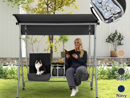 Homrest 2 Seat Outdoor Porch Swing with Adjustable Canopy and Cup Holders, Black Online Sale