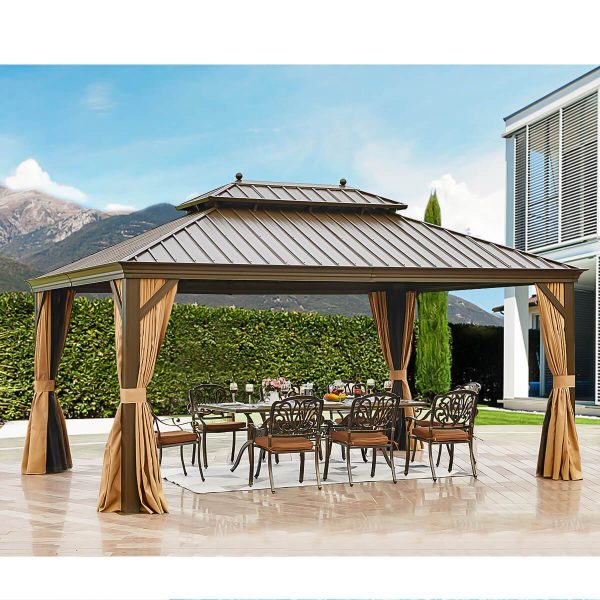 12 x16  Hardtop Gazebo Galvanized Steel Double-Roof Pergola w  Netting Curtain Sale