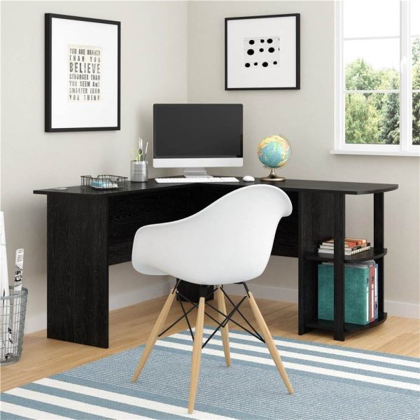 L-Shaped Computer Desk with Two-layer Bookshelves Black Discount