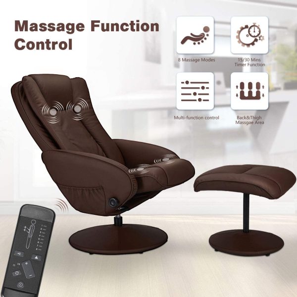 Recliner Chair and Ottoman, 360 Degrees Swivel Ergonomic Faux Leather Lounge Recliner with Footrest, Vibration Massage Lounge Chair with Side Pocket, Brown Fashion