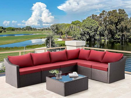 Homrest 7 Pcs Patio Furniture Set with Cushion & Coffee Table, Wine Red Supply