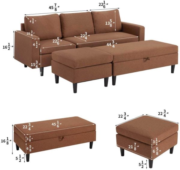 Sectional Sofa with Ottoman and Chaise Lounge, 3-Seat Living Room Furniture Sets, L-Shape Couch Sofa for Living Room, Brown Online