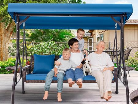 3-Person Outdoor Wicker Porch Swing with Adjustable Canopy Back Yard Blue Fashion