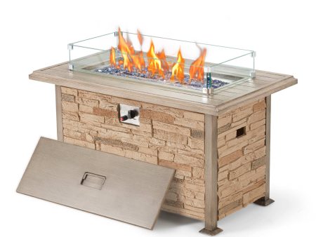 44   Propane Gas Fire Pit Table w  Wind guard, Aluminum Tabletop, Brown Faux Stone Online Sale