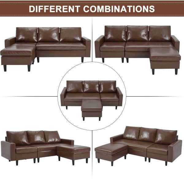 Enlarged Convertible Sectional Sofa Couch, 3-seat Sofa Couch with Ottoman, L-Shaped Sofa with Modern PU Leather Fabric for Living Room or Apartment, Brown Hot on Sale