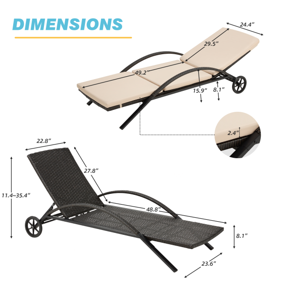 HOMREST Outdoor Chaise Lounge Chair Clearance Set of 2, PE Rattan Wicker Pool Lounge Chair with Wheels for Poolside (Khaki) For Discount