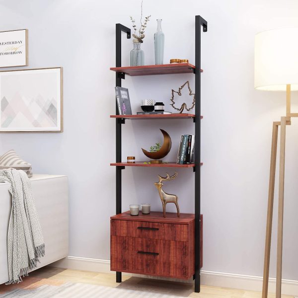 Wall Mounted Industrial 3-Tier Bookshelf with 2 Wood Drawers & Matte Steel Frame Ladder Shelf Bookcase, Black Online