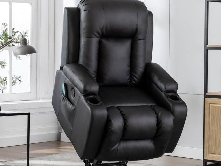 Power Lift Recliner Chair with Massage & Heat for Elderly, PU Leather Electric Recliner with 2 Side Pockets, Cup Holders & USB Port (Black) Sale