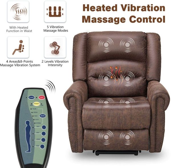 Power Lift Recliner Chair for Elderly, Faux Leather with Rivet Design Electric Recliner Chair with Heated Vibration Massage, Side Pockets & USB Port, Nut Brown For Discount