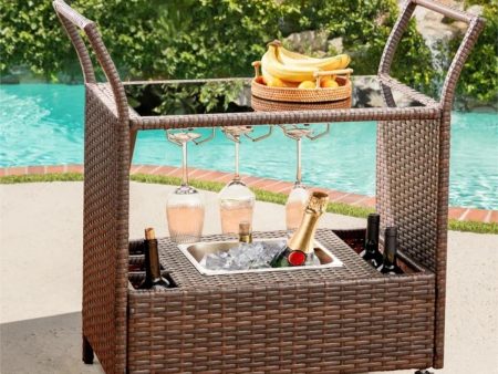 Homrest Outdoor Wicker Bar Cart with Removable Ice Bucket and Wheels, Brown Online Sale