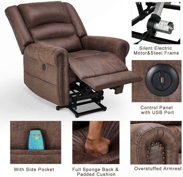 Power Lift Recliner Chair for Elderly, Faux Leather with Rivet Design Electric Recliner Chair with Heated Vibration Massage, Side Pockets & USB Port, Nut Brown For Discount