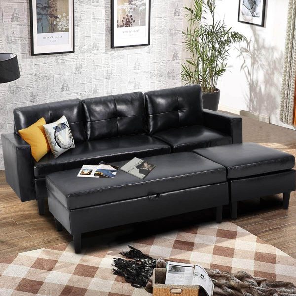 Small Black Faux Leather Sectional Sofa with Storage Ottoman and Chaise Lounge, 3-Seat Living Room Furniture Sets for Small Apartment, Black Discount