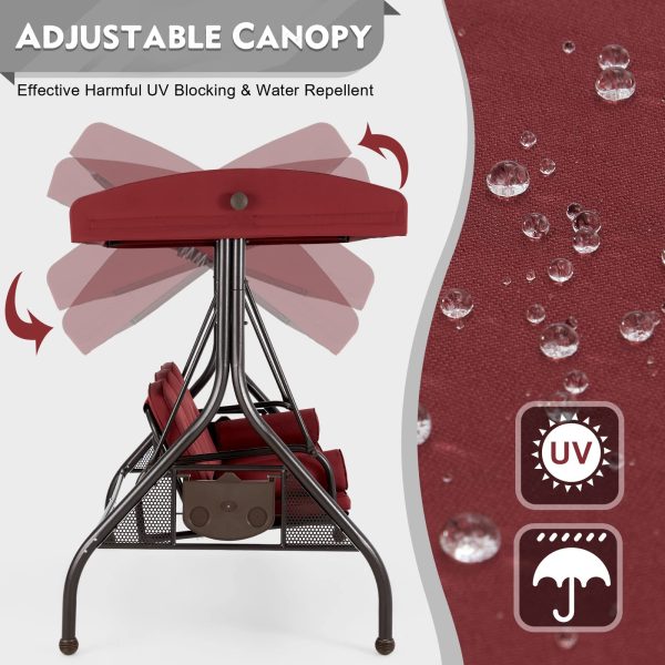 Homrest 3-Seat Patio Swing with Adjustable Canopy and Backrest, Wine Red Discount