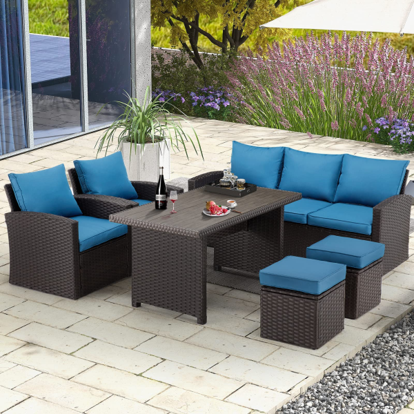 Homrest 6 Pcs Patio Dining Sofa Set with Table, Chair and Ottoman, Blue Online Hot Sale