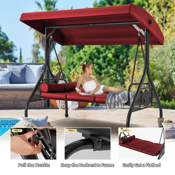 Homrest 3-Seat Patio Swing with Adjustable Canopy and Backrest, Wine Red Discount