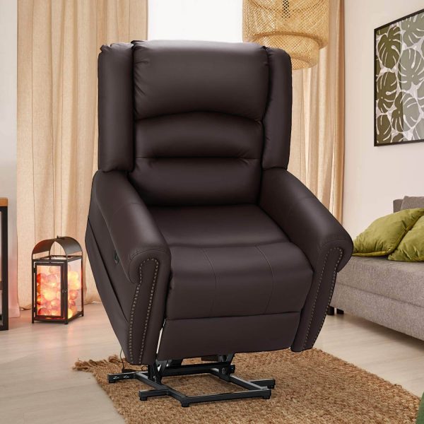 Power Lift Recliner Chair for Elderly, Faux Leather with Rivet Design Electric Recliner Chair with Heated Vibration Massage, Side Pockets & USB Port, Dark Brown Hot on Sale