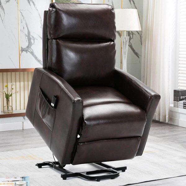 Lift Recliner Chair, Overstuffed Lift Chairs for Elderly with Remote, 3 Position & Side Pocket, Power Reclining Chair for Living Room, Faux Leather, Brown For Sale