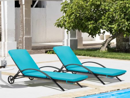 HOMREST Outdoor Chaise Lounge Chair Clearance Set of 2, PE Rattan Wicker Pool Lounge Chair with Wheels for Poolside (Blue) For Sale