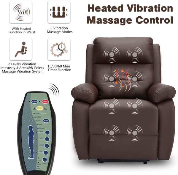 Electric Power Lift Recliner Chair Sofa for Elderly, Faux Leather Recliner Chair with Heated Vibration Massage, Heavy Duty & Safety Motion Reclining Mechanism, Brown Hot on Sale