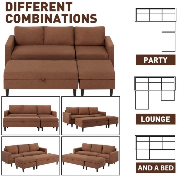 Sectional Sofa with Ottoman and Chaise Lounge, 3-Seat Living Room Furniture Sets, L-Shape Couch Sofa for Living Room, Brown Online