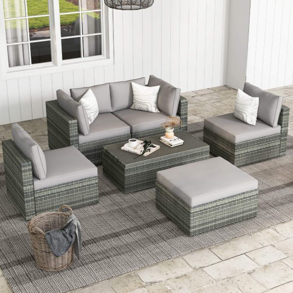 6 Pcs Outdoor Sectional Sofa Set Clearance Patio Rattan Furniture with Coffee Table, All Weather Wicker Conversation Set(Grey) Online