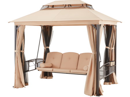 3-Seat Outdoor Gazebo Swing Chair with Canopy and Curtains, Khaki Supply