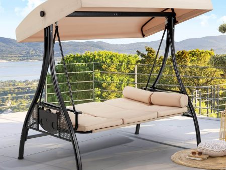 3-Seat Outdoor Porch Swing with Adjustable Canopy and Backrest, Khaki Online Sale