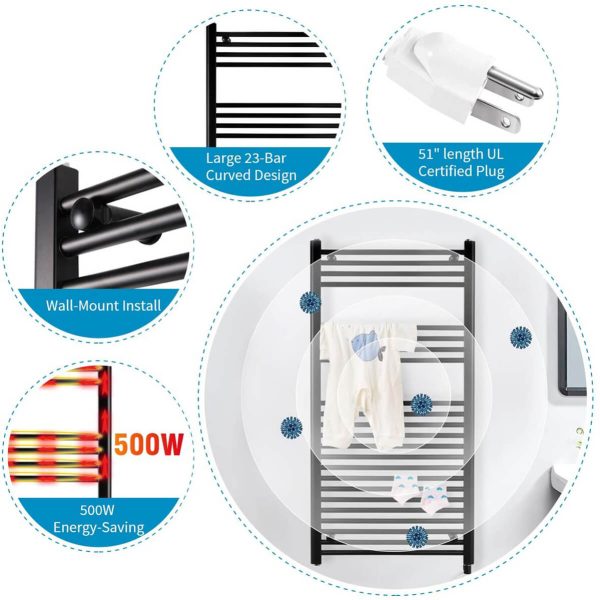 Towel Warmer Rack, Steel Heated Drying Rack Plug-in Wall Mounted Towel Warmer Rack for Bathroom (Black, 23 Bar) For Cheap