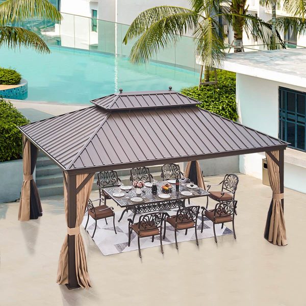 12 x16  Hardtop Gazebo Galvanized Steel Double-Roof Pergola w  Netting Curtain Sale