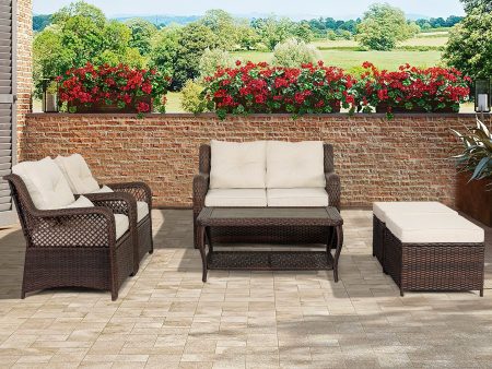 Patio Furniture Set, 6 Pcs Rattan Outdoor Conversation Sets with Ottoman, Brown Online Sale