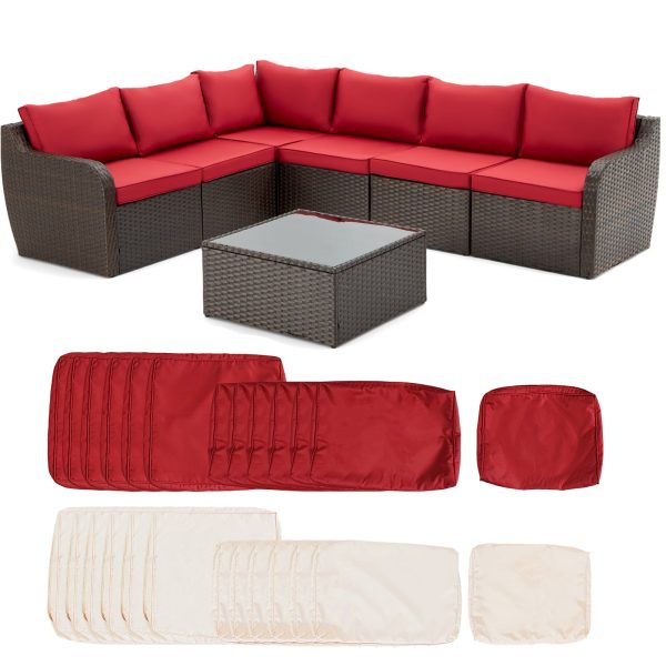 7 Pcs Patio Rattan Sofa Set w  Ergonomic Curved Armrest, Red Cushion & Coffee Table For Sale