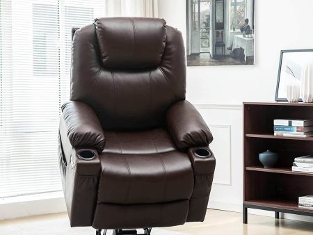 Electric Power Recliner Lift Chair Faux Leather Electric Recliner for Elderly, Heated Vibration Massage Sofa with Side Pockets, USB Charge Port & Remote Control(Brown) Hot on Sale