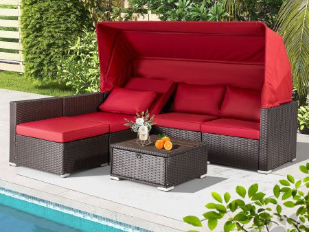 Homrest 6 Pcs Outdoor Sectional Sofa Daybed w  Adjustable Canopy, Wine Red For Cheap