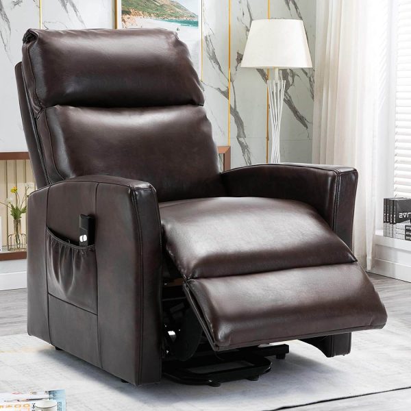 Lift Recliner Chair, Overstuffed Lift Chairs for Elderly with Remote, 3 Position & Side Pocket, Power Reclining Chair for Living Room, Faux Leather, Brown For Sale