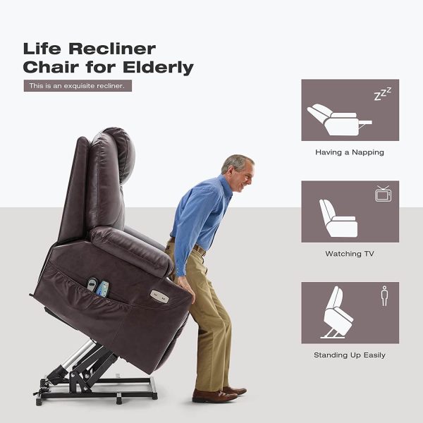 Electric Power Recliner Lift Chair Faux Leather Electric Recliner for Elderly, Heated Vibration Massage Sofa with Side Pockets, USB Charge Port & Remote Control(Brown) Hot on Sale