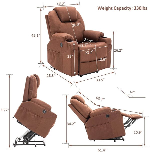 Electric Power Recliner Lift Chair Fabric Electric Recliner for Elderly, Heated Vibration Massage Sofa with Side Pockets, USB Charge Port & Remote Control(Coffee) Hot on Sale