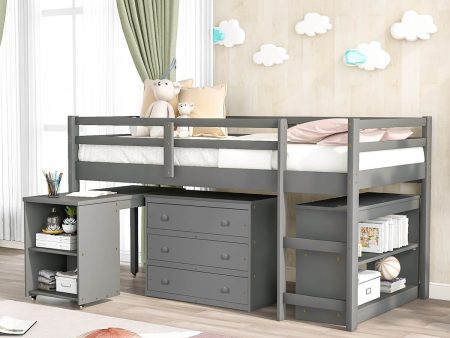 Low Study Twin Loft Bed with Cabinet and Rolling Portable Desk, Gray Cheap