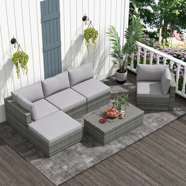 6 Pcs Outdoor Sectional Sofa Set Clearance Patio Rattan Furniture with Coffee Table, All Weather Wicker Conversation Set(Grey) Online