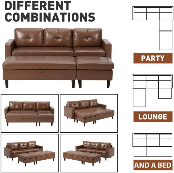 Small Faux Leather Sectional Sofa with Storage Ottoman and Chaise Lounge, 3-Seat Living Room Furniture Sets for Small Apartment, Brown For Discount