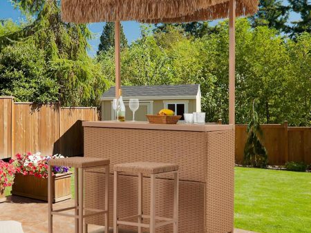 Homrest 3 Pcs Outdoor Tiki Bar Set w 2 Height Stools, Storage Shelf, Canopy, Beige For Cheap