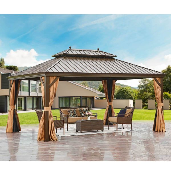 12 x16  Hardtop Gazebo Galvanized Steel Double-Roof Pergola w  Netting Curtain Sale