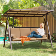 HOMREST Porch Swing with Hardtop Sunshade, 3 Seat with 2 Side Cup Holder with Cushion, 2 Pillows for Front Outdoor Porch Lawn Khaki Hot on Sale