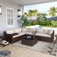 7 Pcs Patio Rattan Sectional Sofa Set w  Ergonomic Curved Armrest , Khaki Cushion & Glass Table Supply