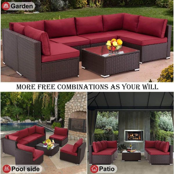 7 Pcs Patio Furniture Set All Weather Sectional Sofa w  Red Cushion & Coffee Table on Sale