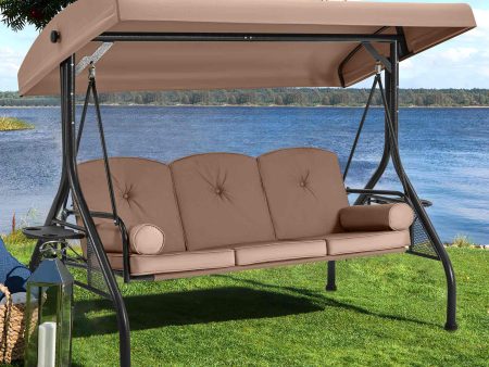 3-Seat Outdoor Porch Swing with Adjustable Canopy and Backrest,Brown For Sale